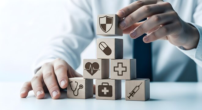 Healthcare Worker Stacking Wooden Blocks with Medical Icons to Show Protection