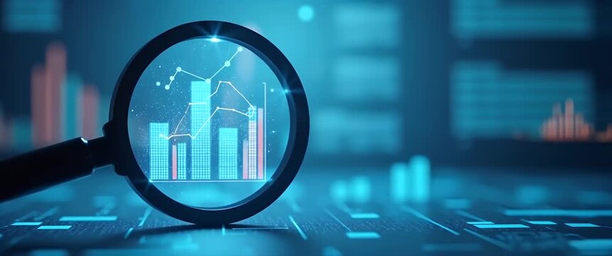 Magnifying glass reveals dynamic stock market graphs with gentle data flow and a slow cinematic pan, highlighting financial analysis, market trends, and investment insights in a futuristic setting.