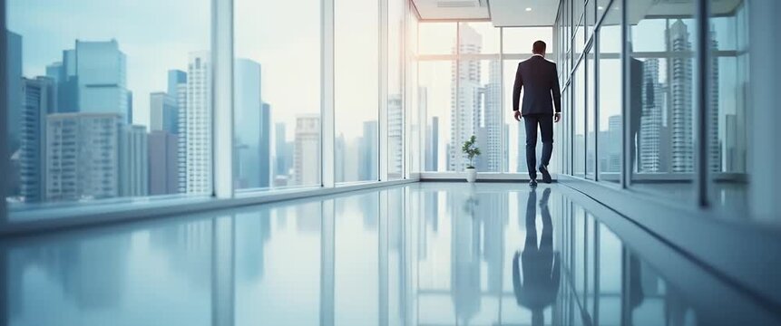 Businessman walks confidently through modern office corridor, while camera slowly tracks his motion against a backdrop of city skyline; cinematic style with ambient light flicker.