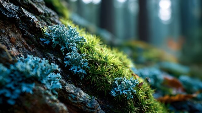 Lush green moss and pale blue lichen grow on the rough bark of an ancient oak tree illuminated by soft dappled forest sunlight and bokeh.