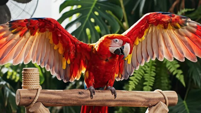Brightly colored parrot spreads its wings in a lively tropical setting. Sunlight illuminates its feathers, showcasing an array of vivid colors. Nearby greenery adds a fresh atmosphere.