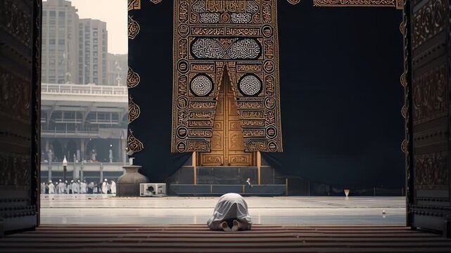 Pilgrim Prostrating in Prayer Before the Holy Kaaba in Mecca Saudi Arabia