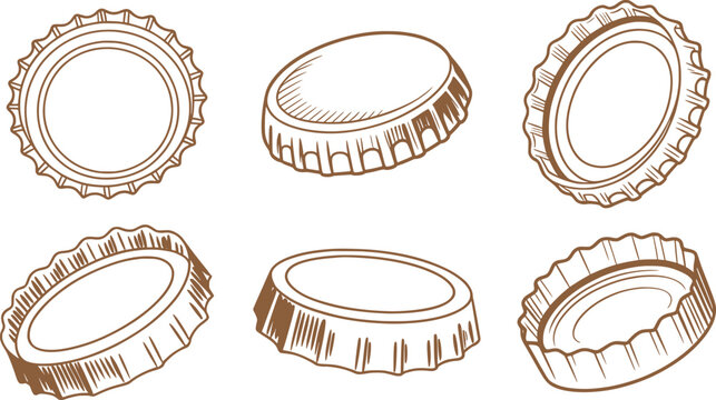 Vintage Bottle Caps Line Art Collection Metal Crown Caps Illustration.