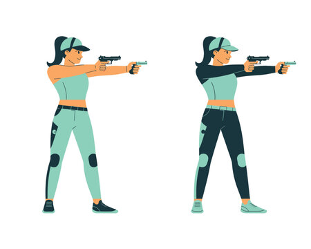 Two women in athletic wear aiming pistols in a shooting range with a white background