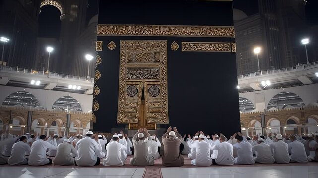 Pilgrims Praying Before the Kaaba in Mecca Saudi Arabia at Night