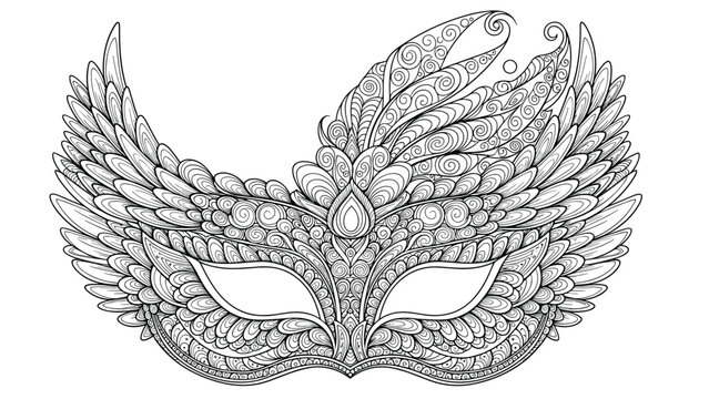 Intricate ornate masquerade mask coloring page featuring detailed feather and swirl patterns for adult relaxation and creativity.