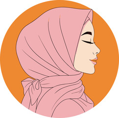 Elegant profile portrait of young Muslim woman wearing pink hijab, minimalist illustration, beauty, fashion, cultural identity, and modest lifestyle concept © Nayan Stock