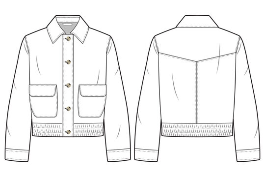 boxy jacket technical fashion template. flat sketch man long sleeve jacket,  elastic wristband boxy jacket, buttons up, front and back, cad mockup.