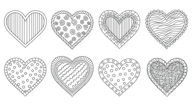 Set of eight unique hand drawn heart designs with intricate patterns and borders offers a creative coloring activity for valentines day or romance.
