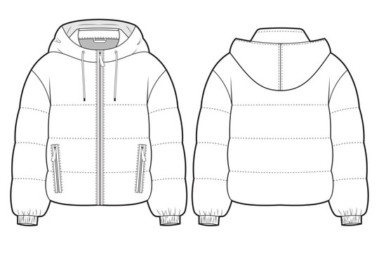 Western hooded puffer jacket technical fashion template.  flat ketch padded jacket design, front and back, zipper, pockets, CAD mockup.
