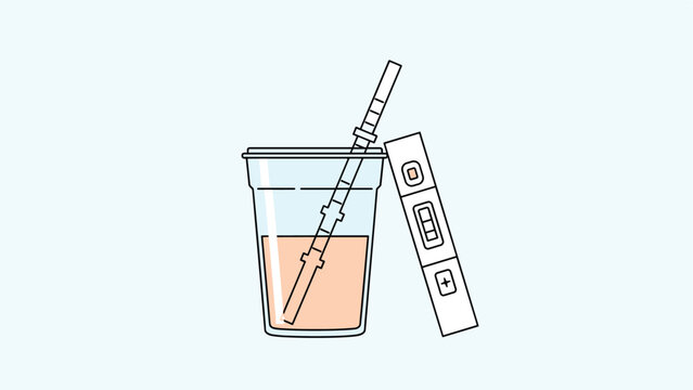 Medical illustration depicts a urine sample cup alongside a positive pregnancy test strip and a digital display device for health monitoring concepts.