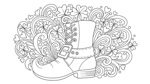 Leprechaun boot line art is surrounded by lucky four leaf clovers and festive swirl patterns designed for st patricks day coloring activities.