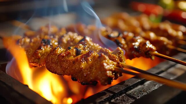 Juicy Satay Meat Skewers Cooking on an Open Fire Grill