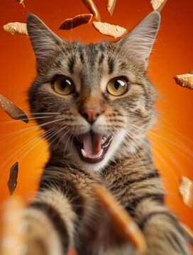 Verspielte Katze f&auml;ngt herabfallendes Katzenfutter. Dynamisches Fotoshooting mit Bewegung, Spa&szlig; und Energie. Modernes Tierfutter-Motiv f&uuml;r Werbung, Social Media und Haustier-Lifestyle.