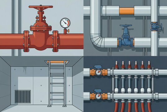 Intricate underground plumbing system showcasing a vibrant interplay of red and blue pipes with elaborate valves and pressure gauges framed by minimalist industrial design