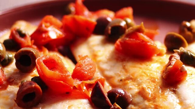 Primo piano di piatto con filetti di orata, capperi, Olov e pomodorini