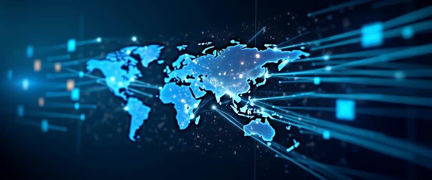 Cinematic digital world map with glowing data points, as camera gently pans across, highlighting network connections, while ambient lights flicker subtly in the background.