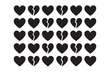 Grid pattern of black solid and broken heart shapes on a plain white background for design.