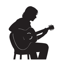 Silhouette of a person sitting on a stool and playing an acoustic guitar against a white background