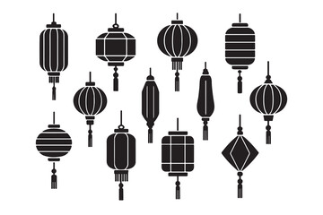 Collection of black silhouettes representing various traditional asian paper lanterns for festival celebrations