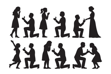 Collection of silhouettes showing men kneeling to propose marriage to women