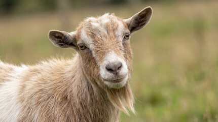 Close up of a brown goat with a puzzled look