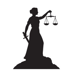 Black silhouette of lady justice standing on a hill holding scales and a sword.