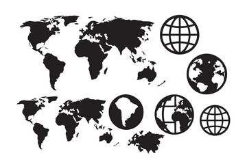 Collection of black and white world map silhouettes and globe icons on a white background.