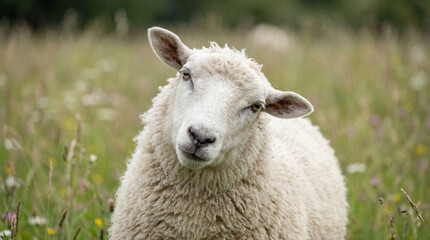 Fototapeta premium White sheep in meadow with a puzzled look and tilted head