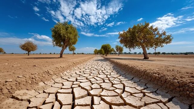 Dry Riverbed Under the Azure Sky: A parched riverbed, marked by deep cracks and fissures, stretches into the distance beneath a vast azure sky dotted with fluffy clouds.