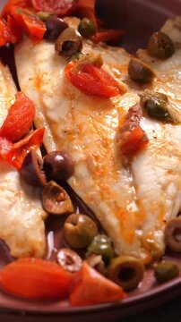 Video verticale, primo piano di piatto con filetti di orata, pomodorini, olive e capperi, cotti in padella