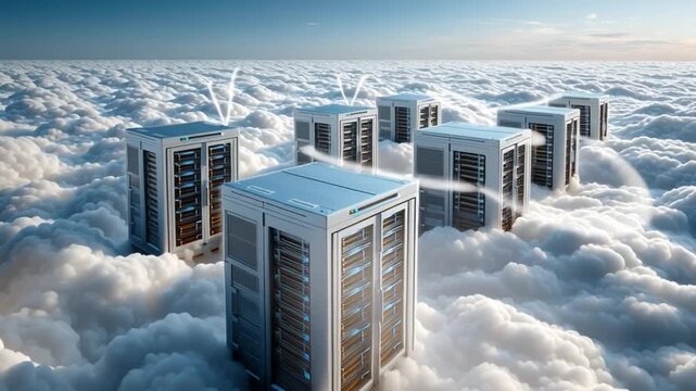 Cloud Servers Amidst the Clouds: Futuristic server units emerge from a sea of clouds, symbolizing data storage and digital connectivity.