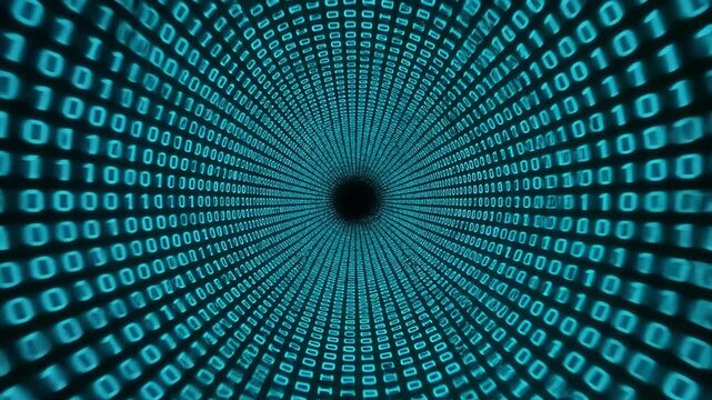 Binary code forms a digital tunnel of information flow