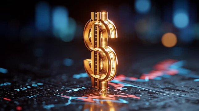 Glowing dollar sign on a liquid financial surface representing market volatility and economic instability
