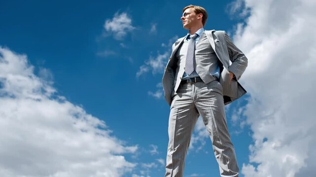 Sky's the Limit: An executive exudes confidence against a backdrop of a clear, blue sky, symbolizing ambition and limitless possibilities.