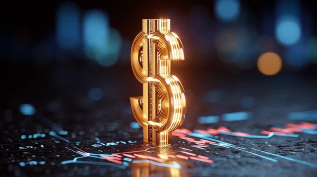 Luminous dollar symbol standing strong on a digital background symbolizing economic power and monetary value