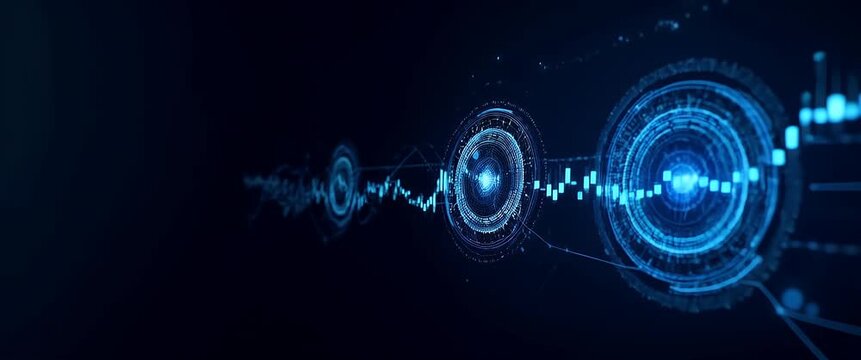 Futuristic digital interface with circular data visualization glows and pulses, as the camera slowly pans across a dark, abstract technological landscape; a cinematic, high-tech ambiance prevails.