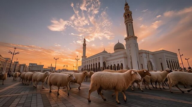 Sheep Herd Walking Past Grand Mosque at Sunset for Eid Al Adha