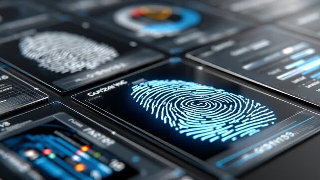 Forensic Fingerprint Analysis: A close-up view of digital fingerprint analysis on multiple screens, highlighting the intricacies of biometric identification, security, and cyber forensics.
