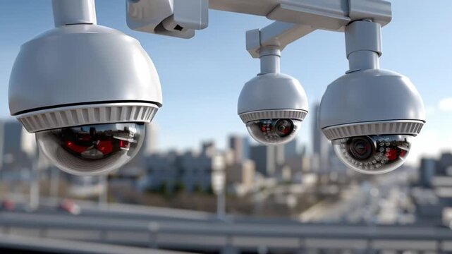 Modern Surveillance in the City: A close-up showcases a network of sophisticated security cameras overlooking a bustling cityscape. the camera represent constant vigilance and advanced protection.