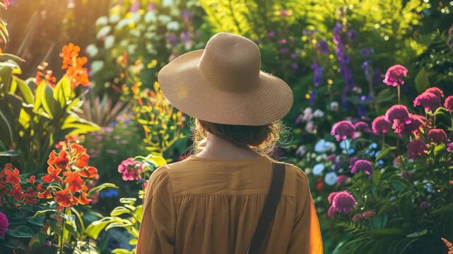 Caucasian woman in garden wearing sunhat and yellow dress, surrounded by colorful flowers under sunlight
