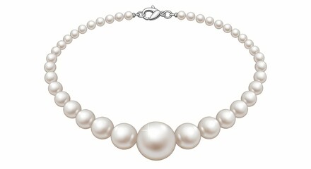 Fototapeta premium Elegant pearl necklace with a large center pearl and a silver clasp isolated on a white background.