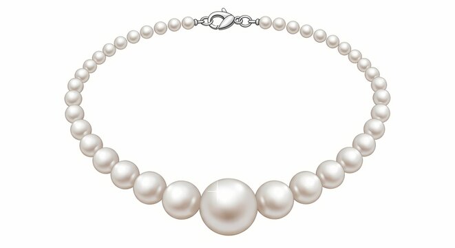 Elegant pearl necklace with a large center pearl and a silver clasp isolated on a white background.