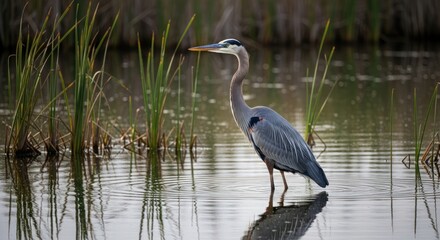 Naklejka premium Great blue heron standing in shallow water near reeds reflecting in the water