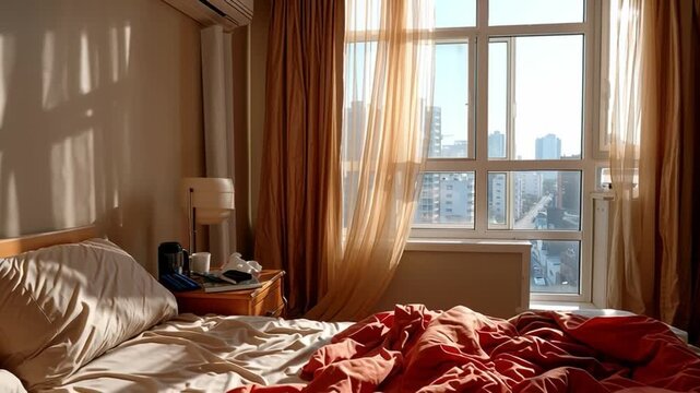 Morning Light in Bedroom: Sunlight streams through a window, illuminating a comfortable bedroom with a rumpled bed, curtains, and a side table, creating a serene and inviting atmosphere.