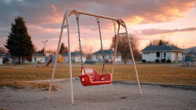 Playground Silhouette in the Dusk: An empty swing set casts a lonely silhouette against a serene, pastel-colored sunset, evoking a sense of tranquility and childhood nostalgia.