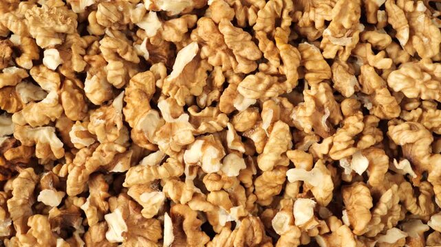 Peeled walnut kernels moving in the background are a healthy food item or an ingredient for an organic snack.