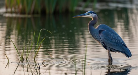 Elegant heron standing in still water reflecting natural beauty