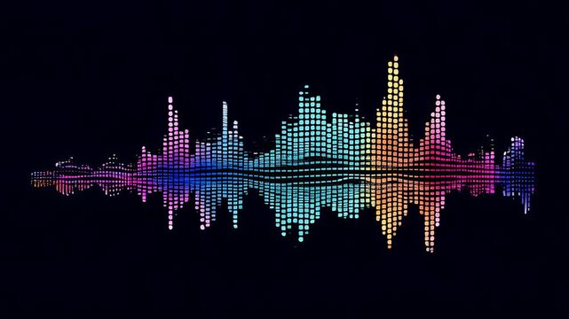 A vibrant sound wave design, rendered in a spectrum of colors, appears against a dark backdrop. The design pulses with energy