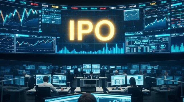 Business people analyze IPO data on multiple screens